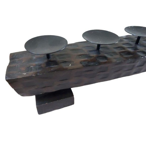 Wood Votive Candle Holder 5 Arm Handcrafted Rustic Candelabra Brutalism Decor - Picture 6 of 8